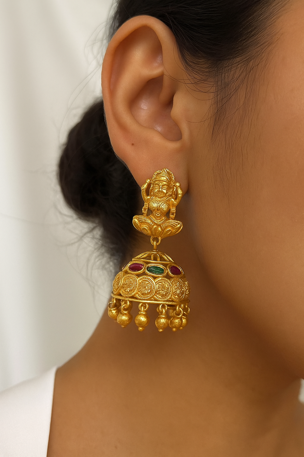 Antique Lakshmi Temple Jhumka Earrings with Ruby & Emerald Stones